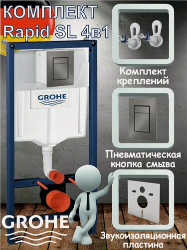 Изображение товара Инсталляция для унитаза GROHE Rapid SL 38772001 комплект 4в1, кнопка смыва Графит матовый