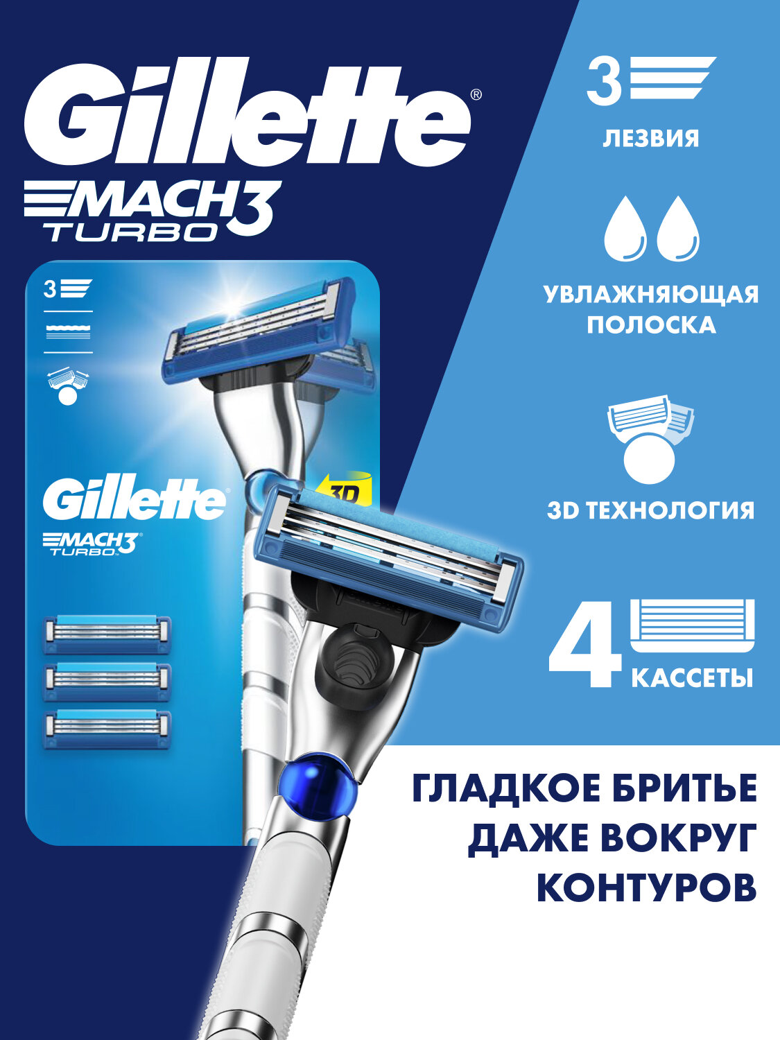 Gillette Mach3 Turbo Мужская Бритва , 4 кассеты, с 3 лезвиями, прочнее, чем сталь, для точного бритья, с 3D-механизмом