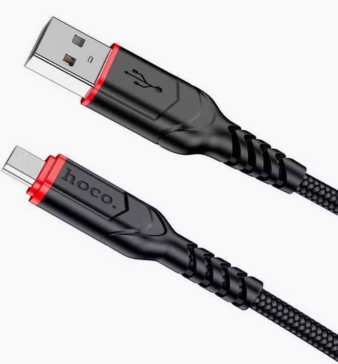 Кабель «HOCO X59» USB-microUSB, 2.4A быстрая зарядка, 2м, нейлоновая оплетка, черный с красным