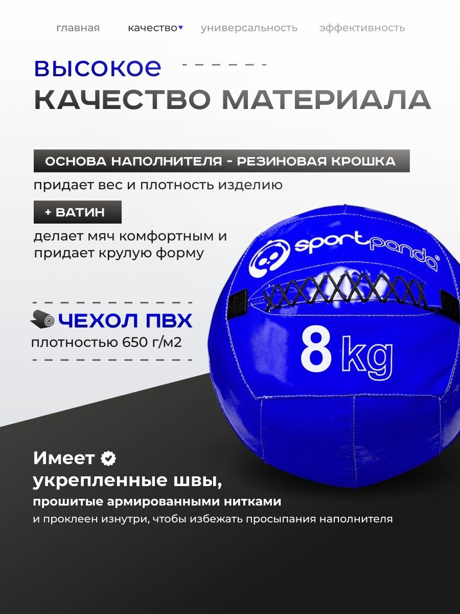 Медбол SportPanda, ПВХ, диаметр 38 см, 8 кг, армированные швы — фото 1