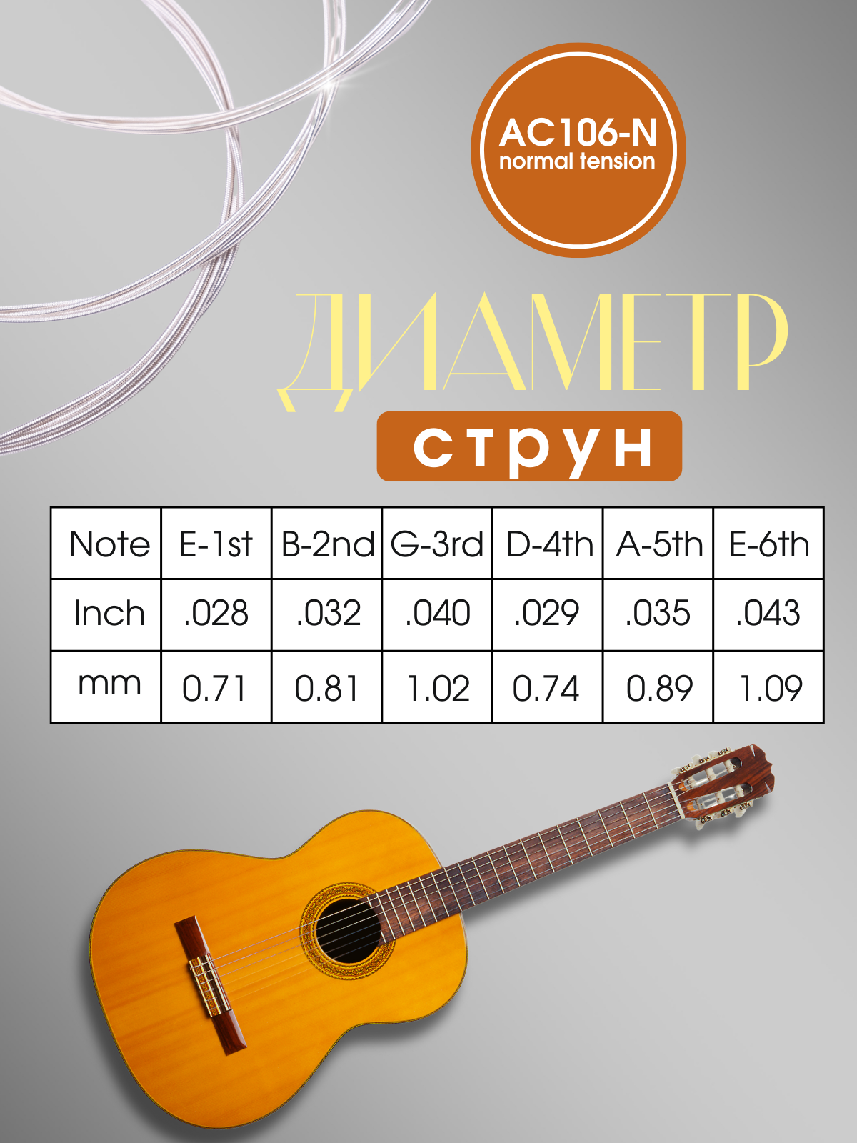 Струны для классической гитары нейлоновые (среднее натяжение) + запасная струна №1 и 2 медиатора — фото 1