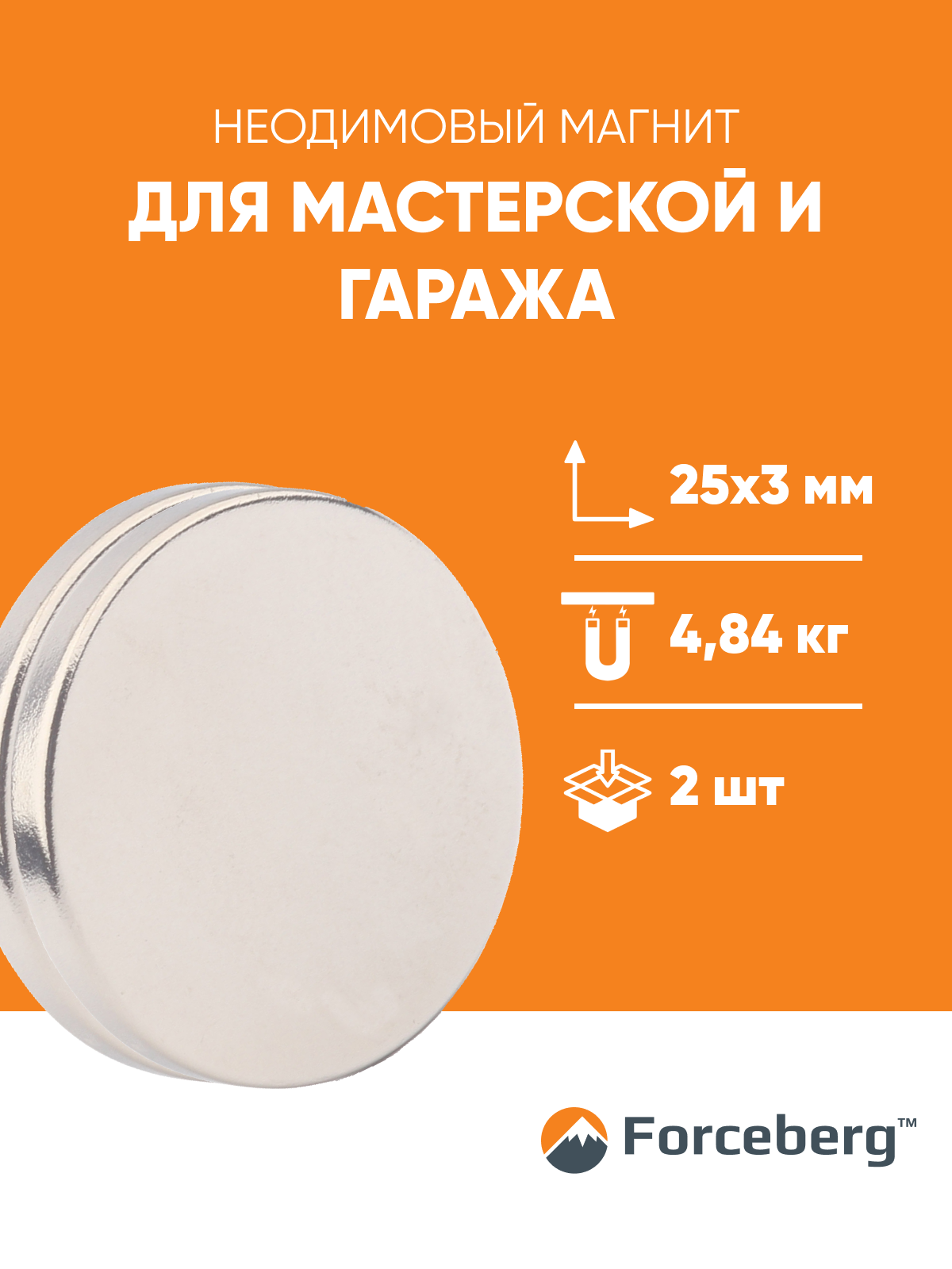 Магнит Forceberg 9-1212400-002, неодимовый, серебристый, 25x3 мм, набор 2 шт