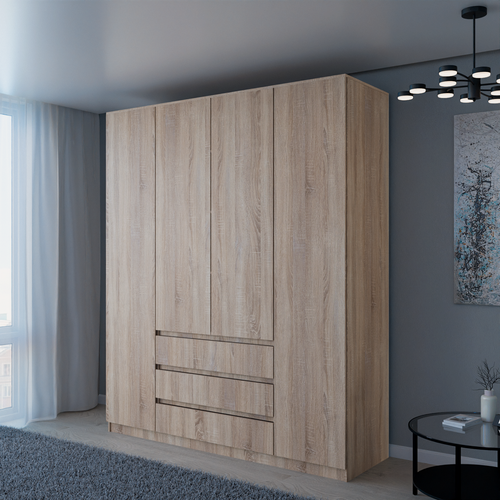 Изображение товара Шкаф распашной Мадера с выдвижными ящиками | ЛДСП Дуб Сонома | Механизм открывания push-to-open