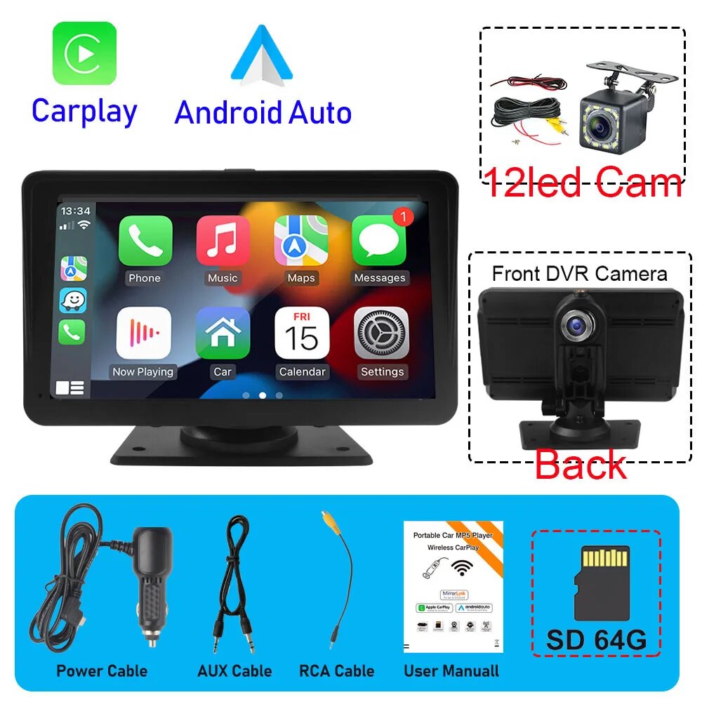 7-дюймовый автомобильный видеорегистратор Carplay на Android, Автомобильный видеорегистратор, передняя и задняя камеры, регистратор, GPS-навигатор, плеер с FM-радио для Toyota, Ford, Honda, Kia, CpL-DashCam-12led, 64 ГБ