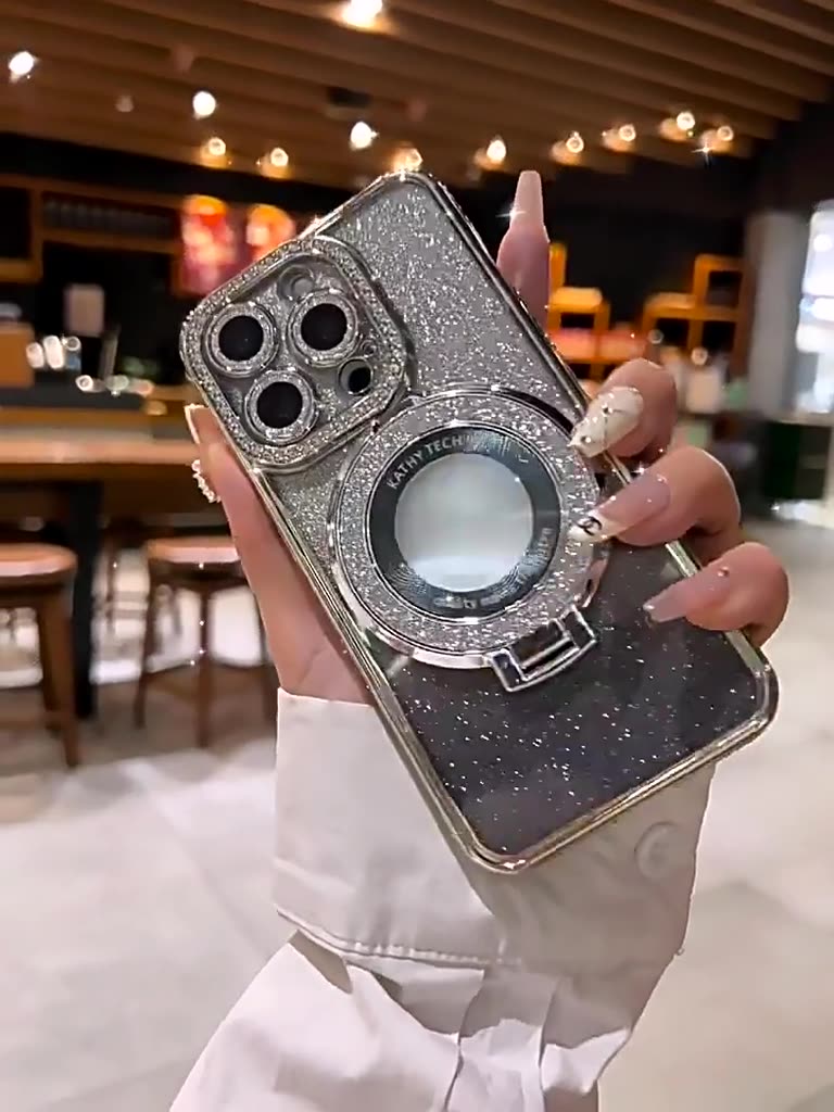 Чехол на iPhone 13 pro max со стразами, подставкой и магнитным держателем розовый — фото 1