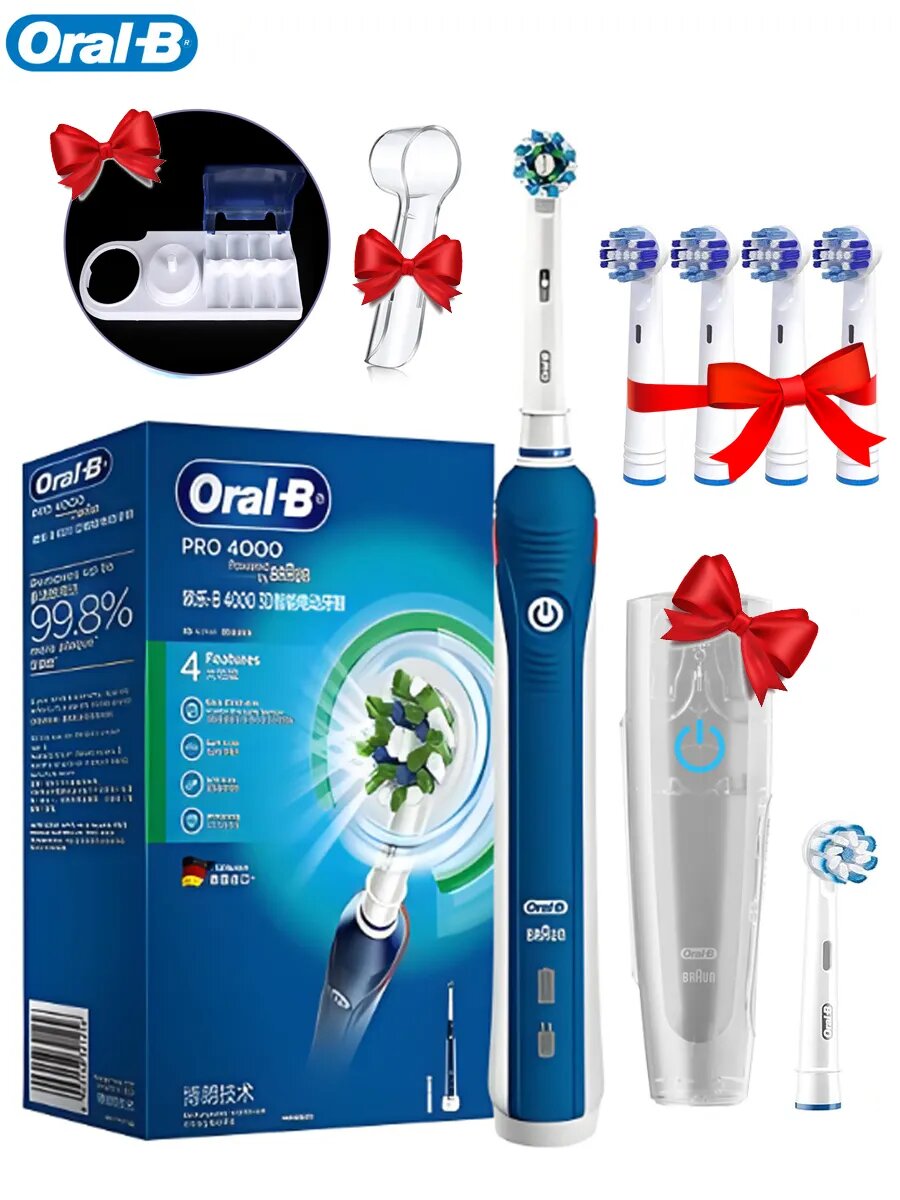 Электрическая зубная щетка Oral-B Pro 4000, 4 режима, таймер, датчик давления, синий