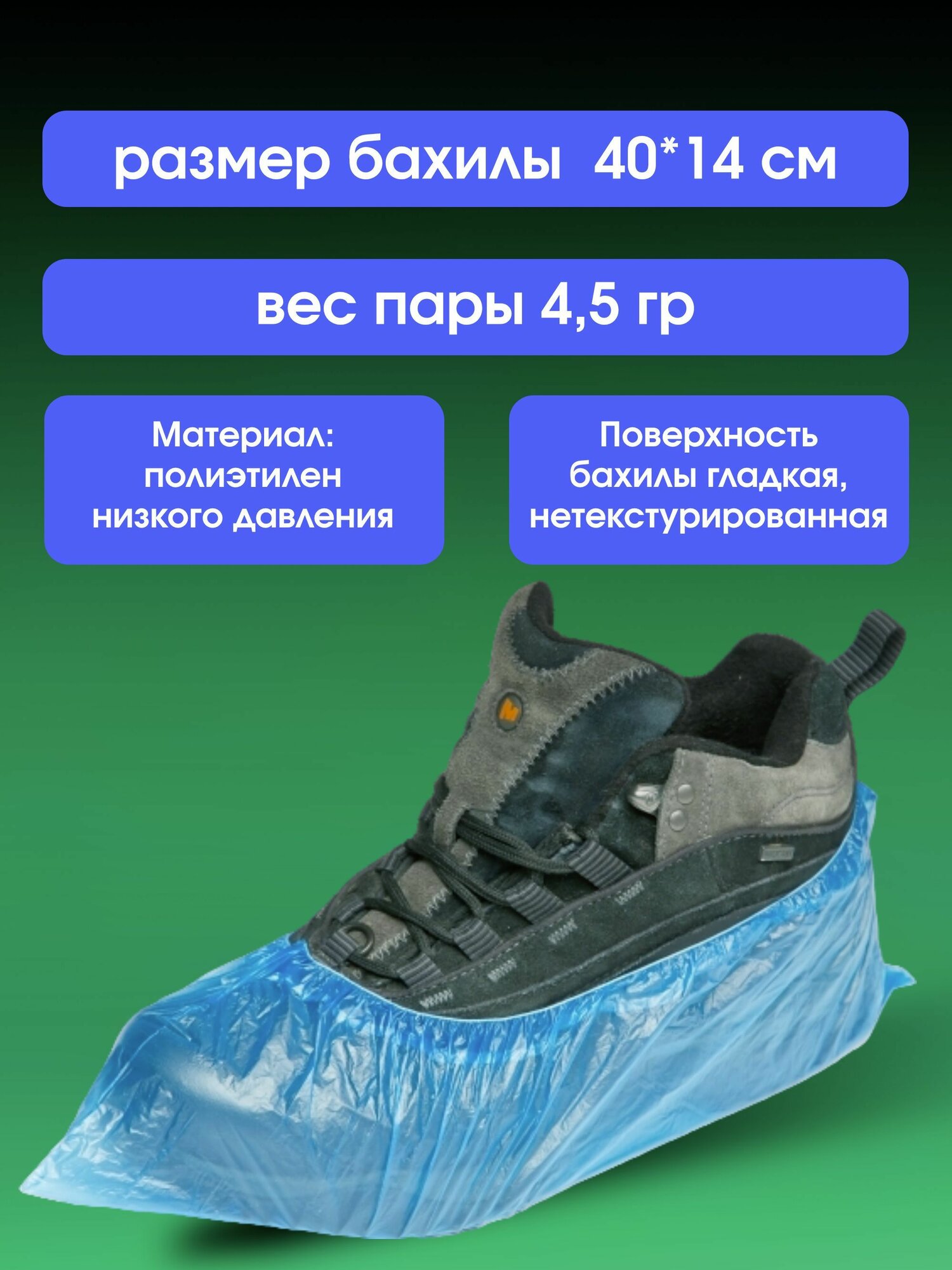 Изображение Бахилы медицинские одноразовые, полиэтиленовые 40мкрн с двойной резинкой 500 пар (1000 штук)