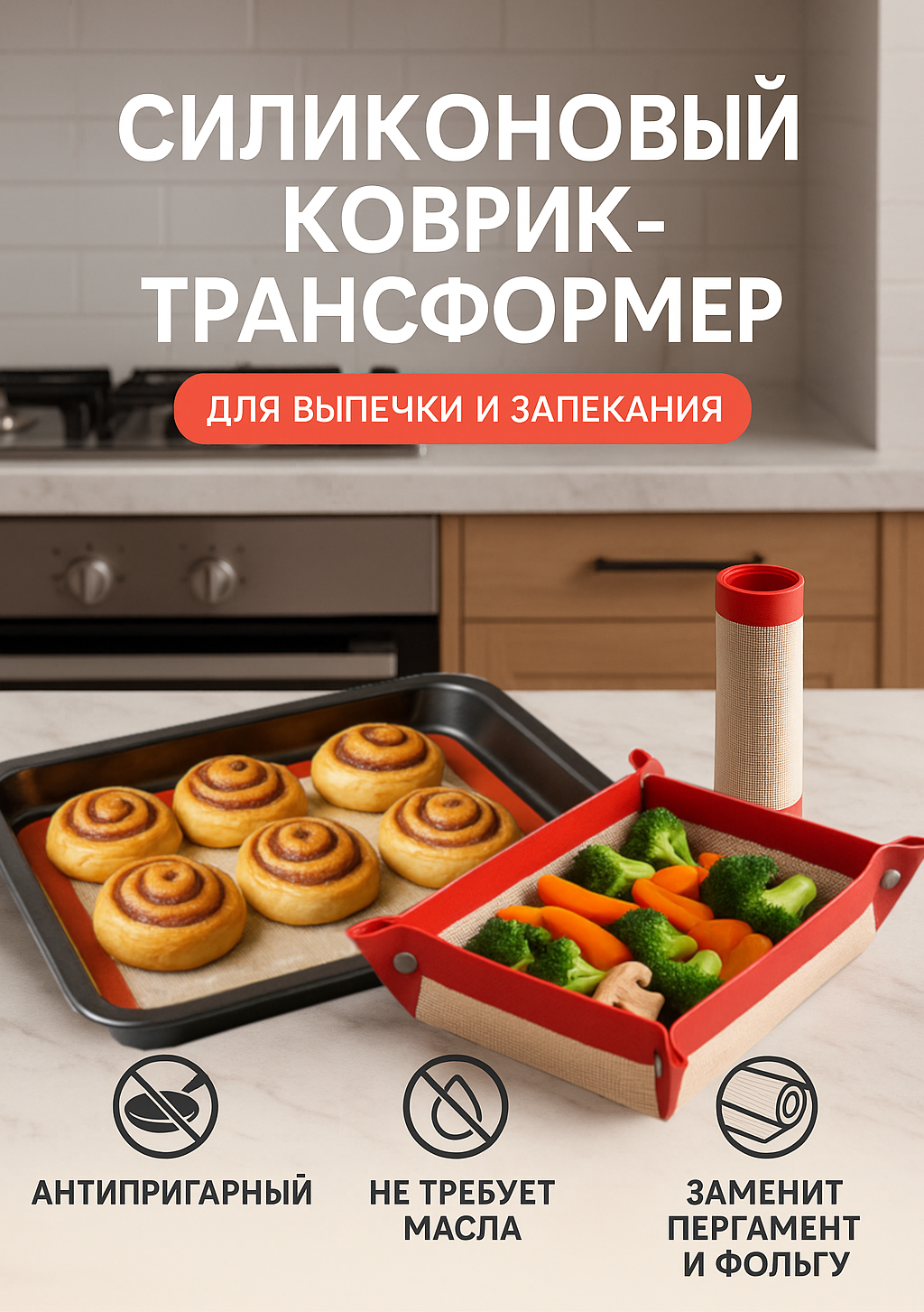 Коврик- форма для выпечки HOMICA 2 в 1 с армированными бортами силиконовый многоразовый