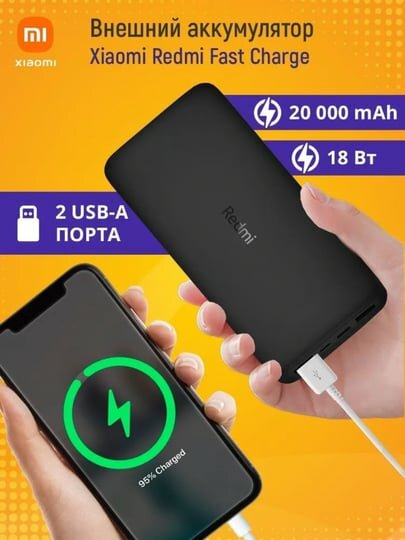 Внешний аккумулятор Xiaomi Redmi 20000mAh Fast Charge 18W, с быстрой зарядкой — фото 1