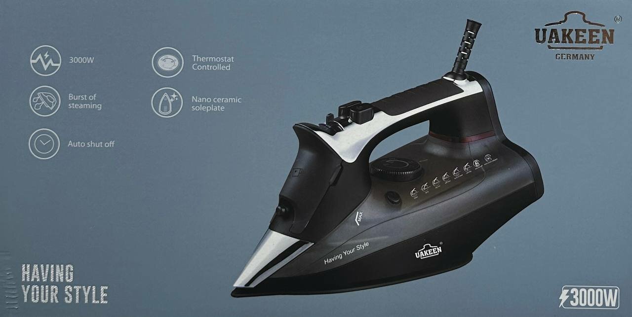 Утюг UAKEEN ZL-813B, 3000Вт, керамическая подошва, вертикальное отпаривание,