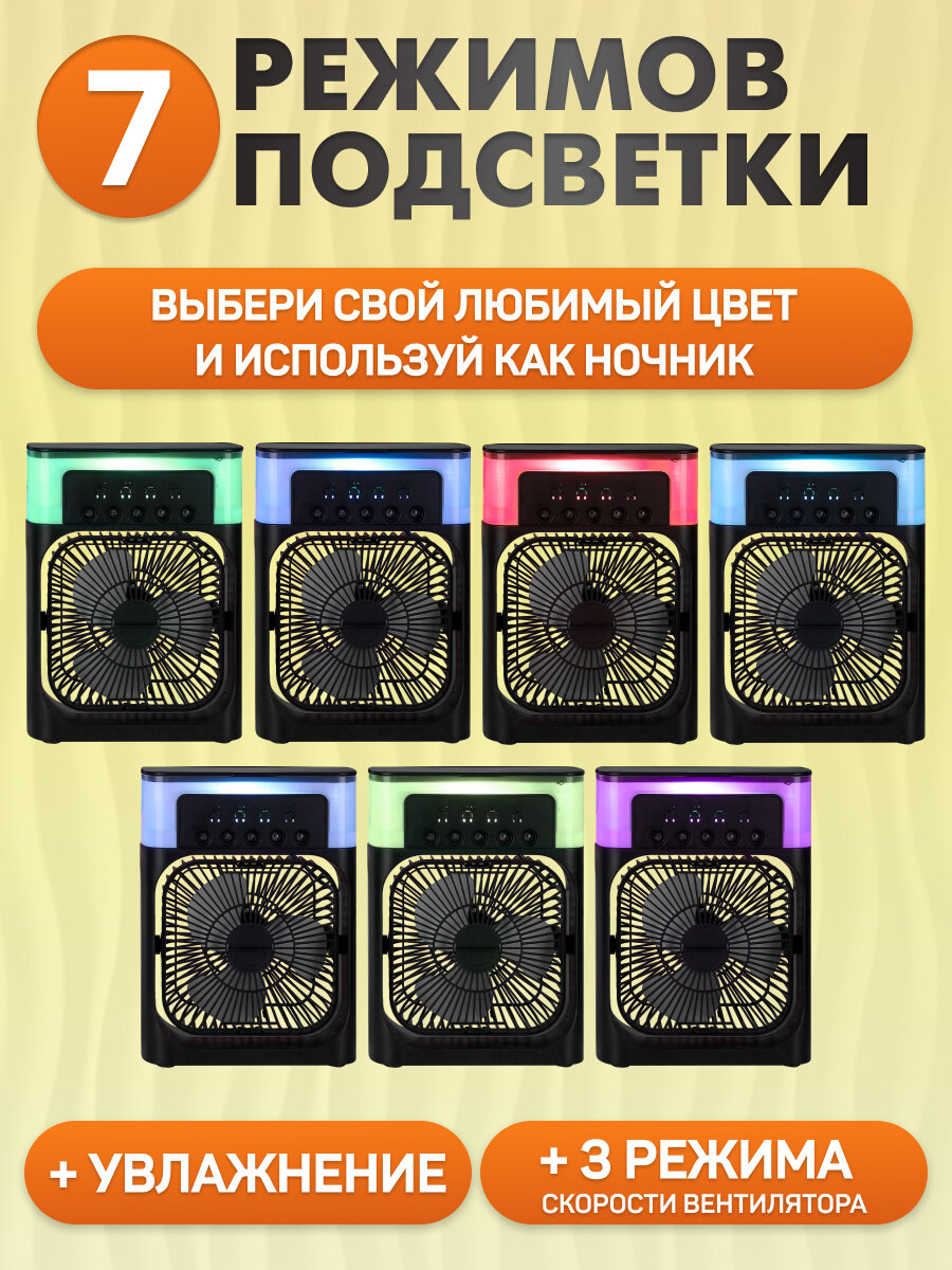Вентилятор настольный с увлажнителем 500 мл 7 цвет USB, 3 скор, 10Вт, разм S, черн, MW HF-4211 — фото 1