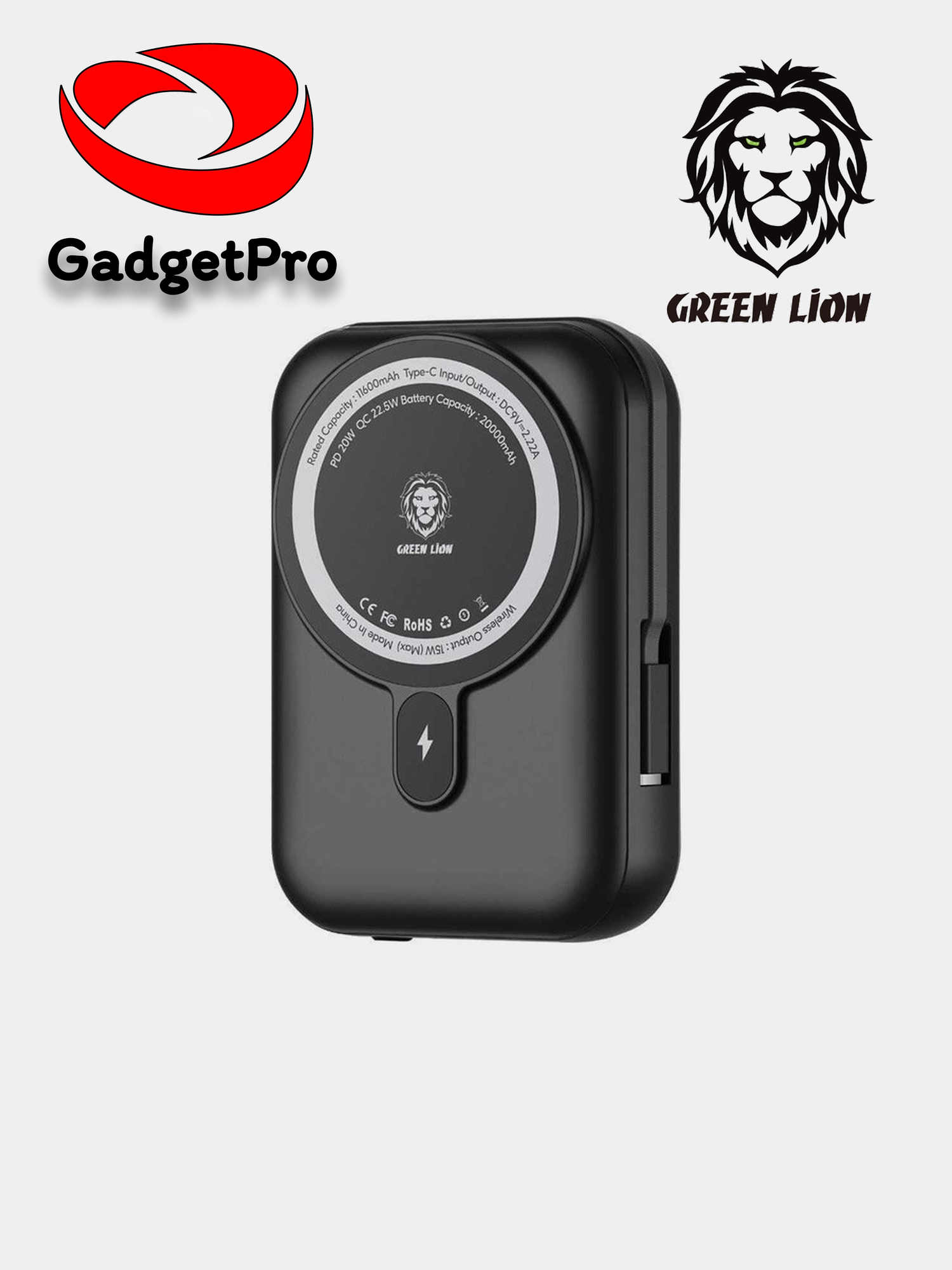 Green Lion Monaco 10000 mAh MagSafe Power Bank – беспроводной + USB‑C (22,5 Вт) с LCD‑дисплеем