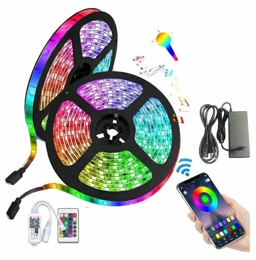 Светодиодная лента с пультом многоцветная RGB, 10 метров, 220/12В, диоды 5050, управляемая как с пульта так и с телефона по bluetooth.
