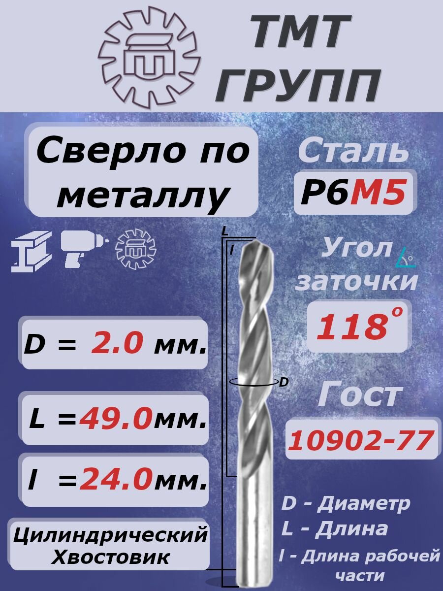 Сверло по металлу, цилиндрический хвостовик, ц/х, 2.0 мм. Р6М5 с*