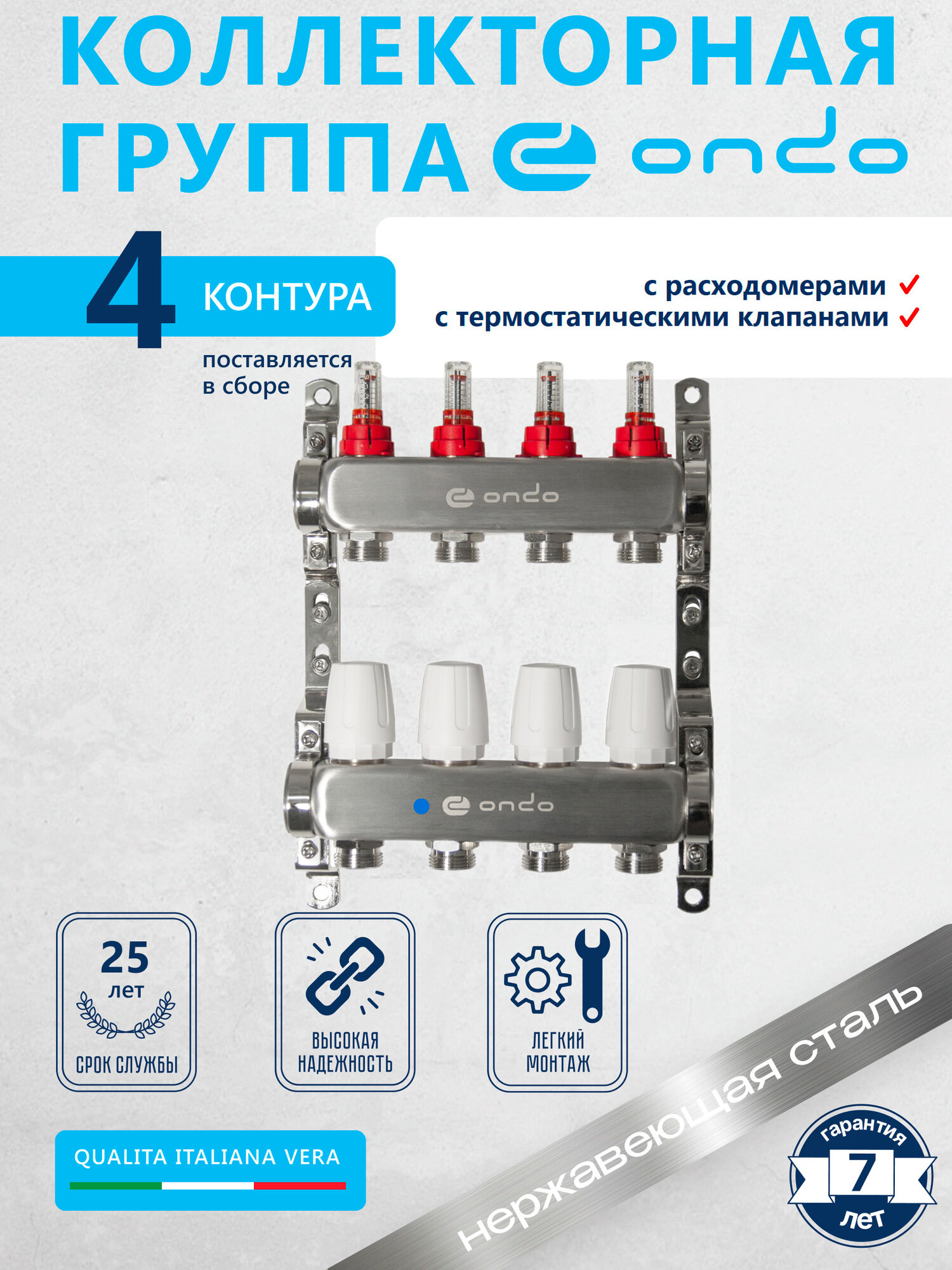 Коллектор для теплого пола на 4 контура + расходомеры + термостатические клапаны ONDO