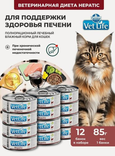 Изображение товара Vet Life При болезнях печени, ХПН Для кошек 12шт х 85гр Влажный диетический корм farmina hepatic гепатик