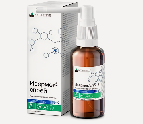 Изображение товара Cпрей от клещей Ивермек NITA-FARM для кошек, собак, кроликов и пушных зверей, 30 мл