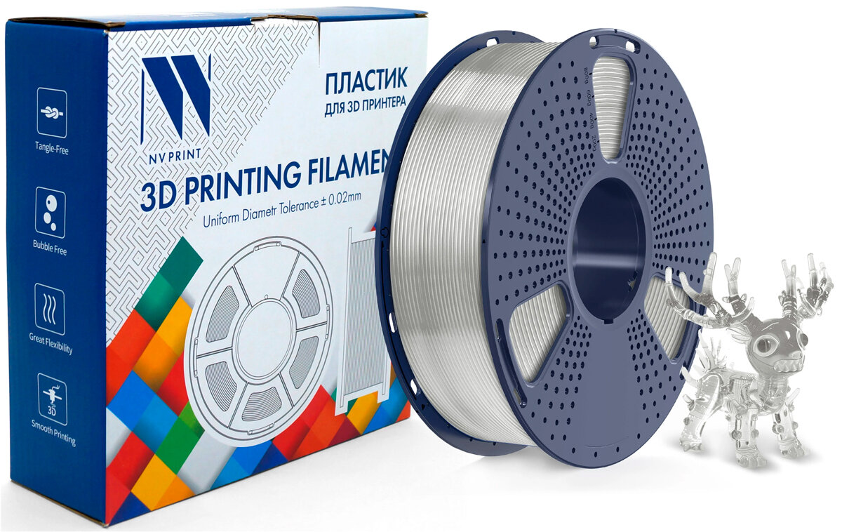 Филамент NV Print PLA+ Transparent White для 3D печати диаметр 1.75мм длина 330 метров масса 1 кг
