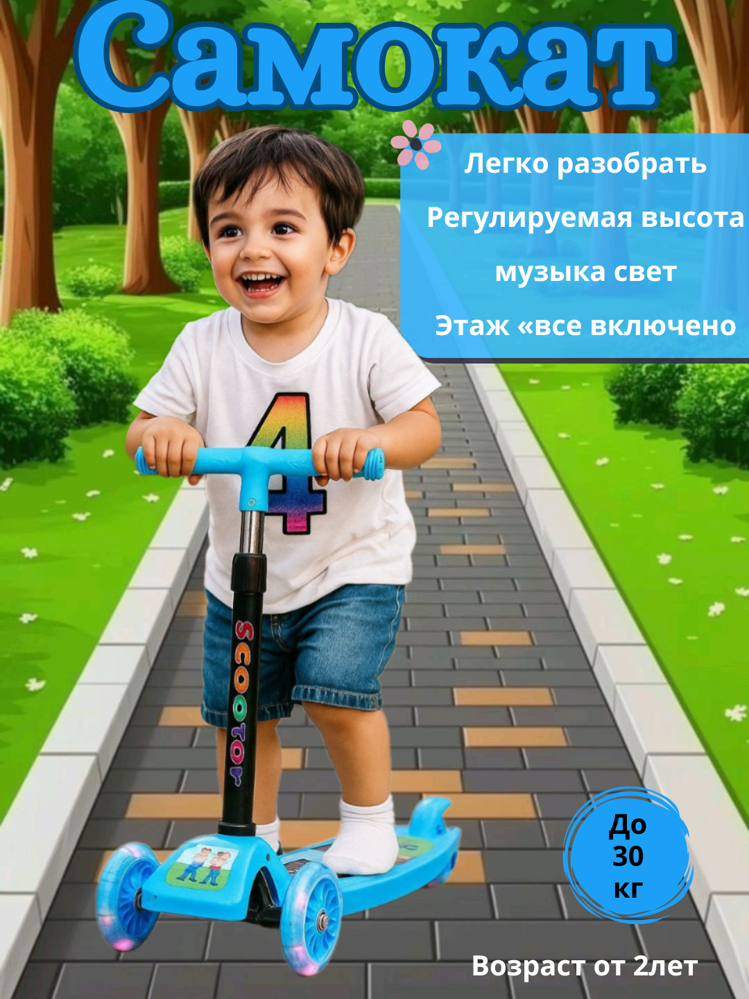 Самокат складной, с подсветкой и музыкальным сопровождением, детский