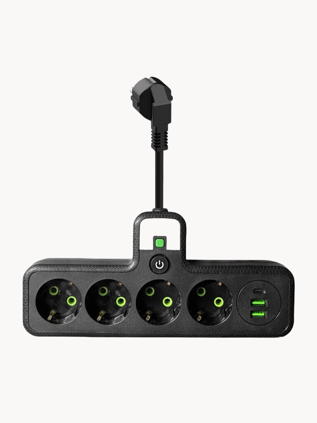 Тройник для розетки с проводом, 2 USB, 1 Type-C, 3 розетки, черный