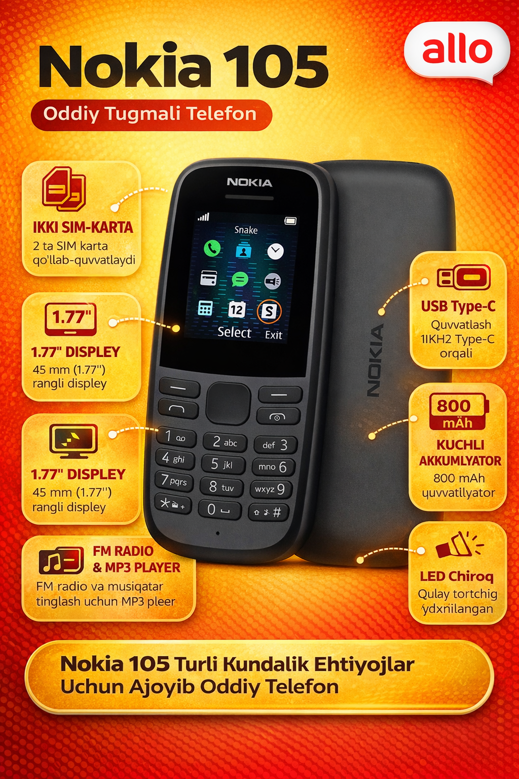 Мобильный телефон Nokia 105 SP01Z07Z1938Y, 1.77", 830 ppi, черный