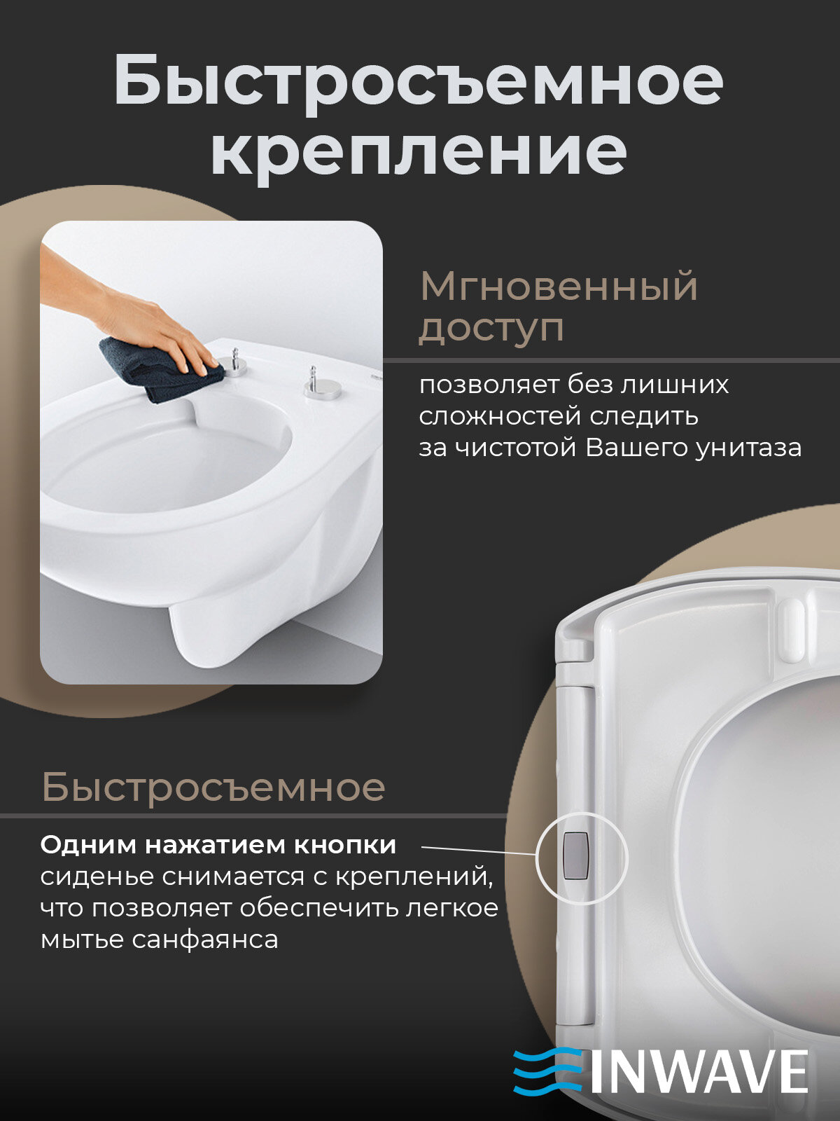 Сиденье стульчак для унитаза с микролифтом INWAVE DU006. R. WT из дюропласта, размер 42*37*4 см — фото 1