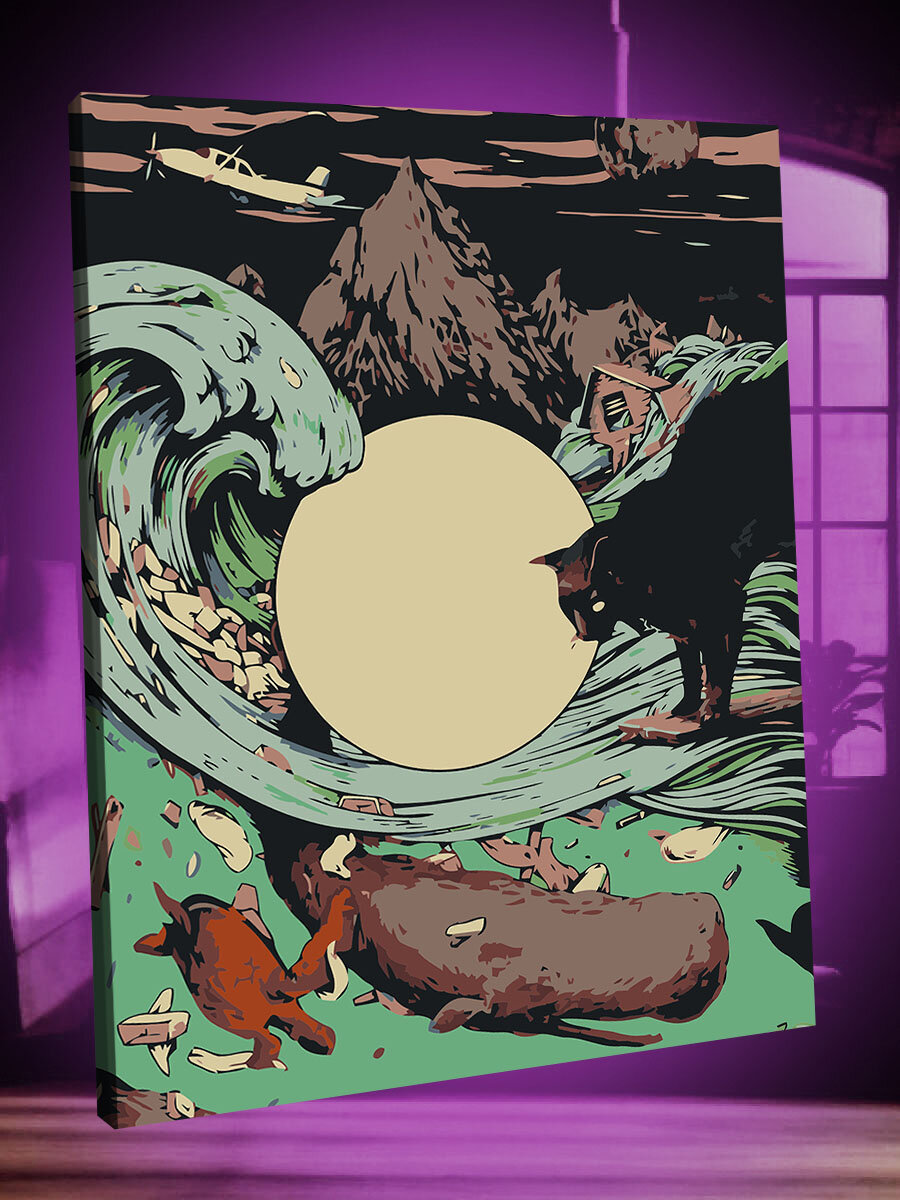 Картина по номерам "Закат на море и черный кот" холст на подрамнике 40х50