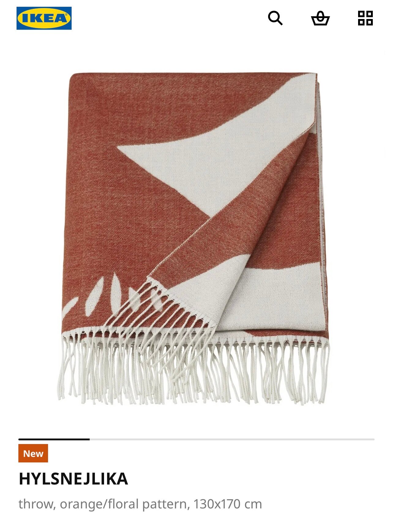 Плед HYLSNEJLIKA IKEA, оранжевый, цветочный узор, 130x170 см, полиэстер