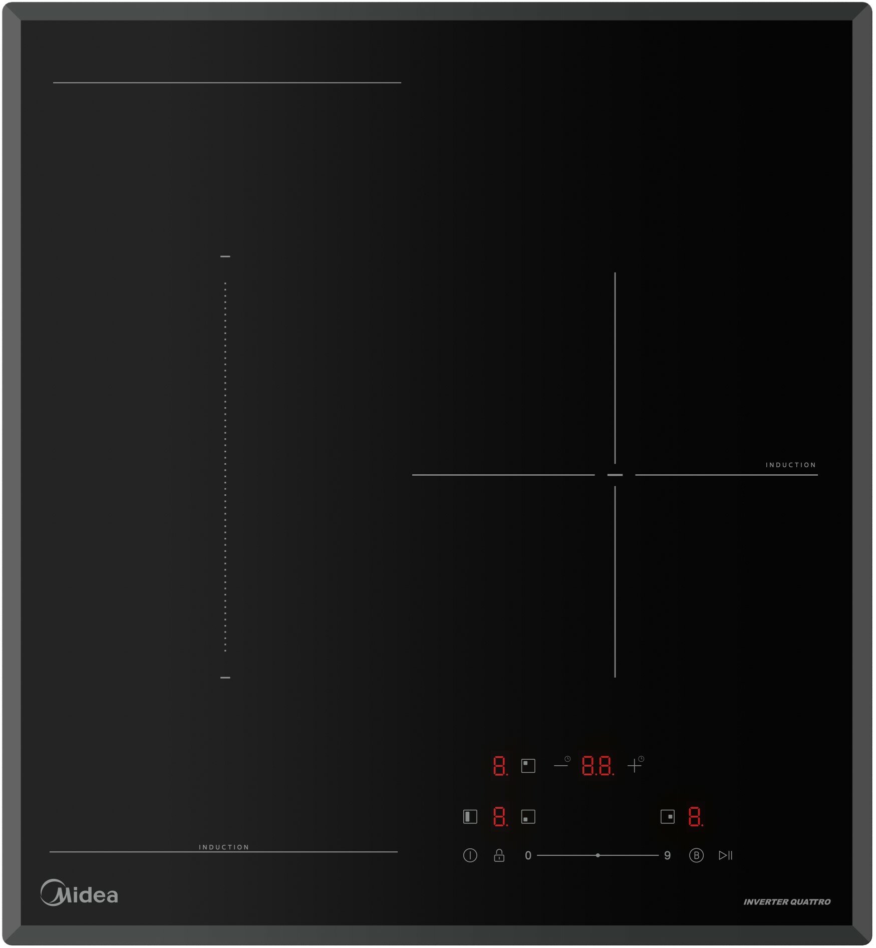 Варочная индукционная панель MIDEA MIH45107F, стеклокерамика, черная, 4 скошенных края, 9 уровней и 3 зоны нагрева
