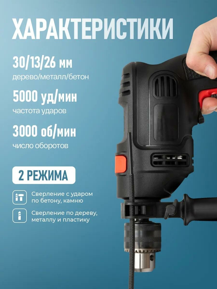 Дрель ударная электрическая сетевая, шуруповерт проводной мощный, SDS Plus, 3000 об/мин, 5000 уд/мин от сети — фото 1