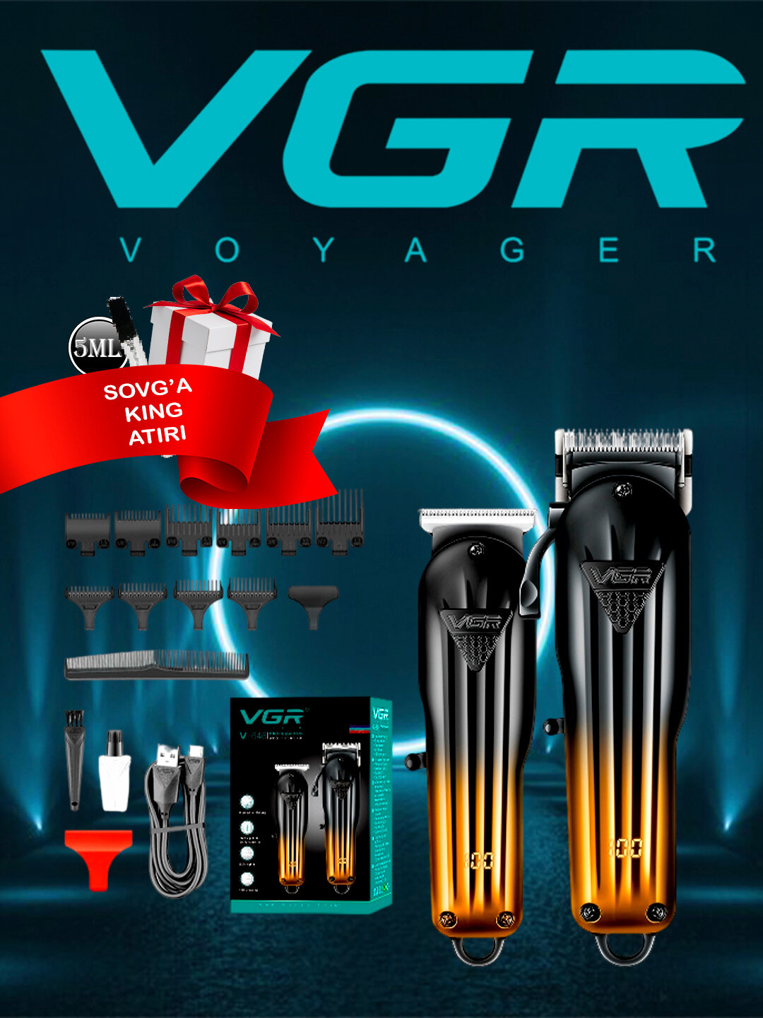 VGR 646 Триммер для волос USB-машинка для стрижки волос+Пробник духов king 5 мл в подарок