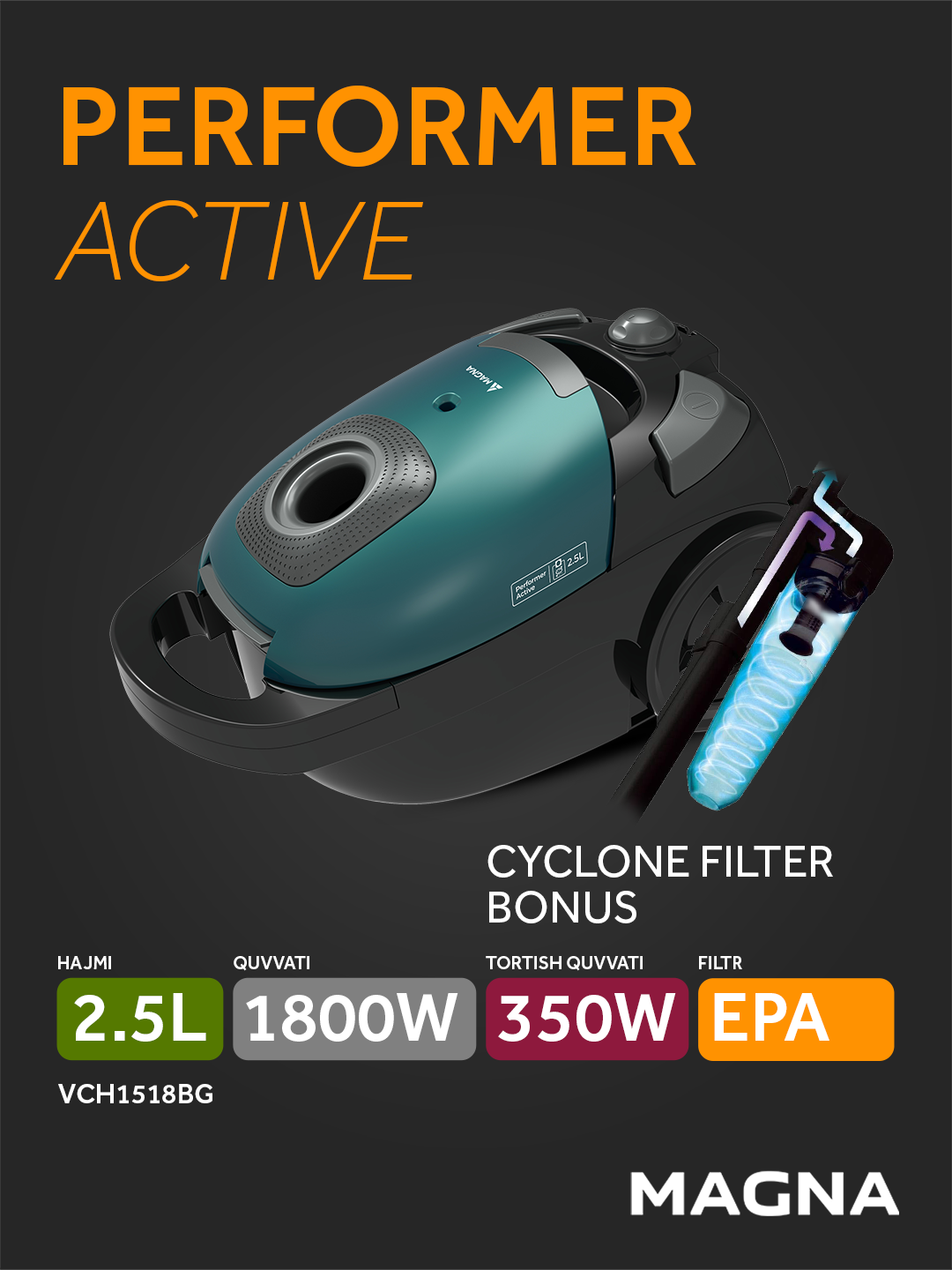Пылесос Magna VCH1518BG, мощность 1800 Вт, 350 Вт всасывание, EРА-фильтр
