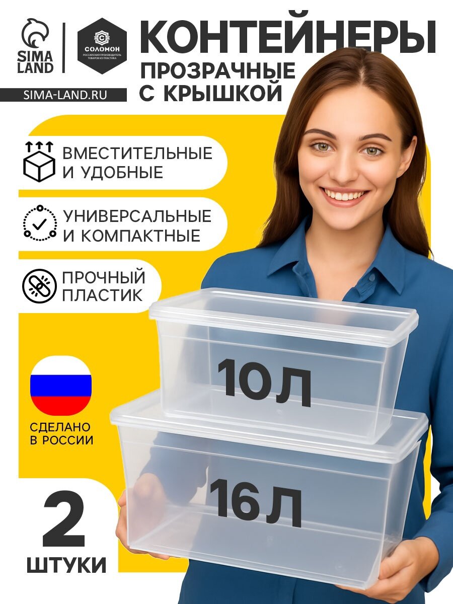 Ящики пластиковые для хранения, с крышкой, набор 2 шт: 10 л, 16 л, прозрачно-матовый
