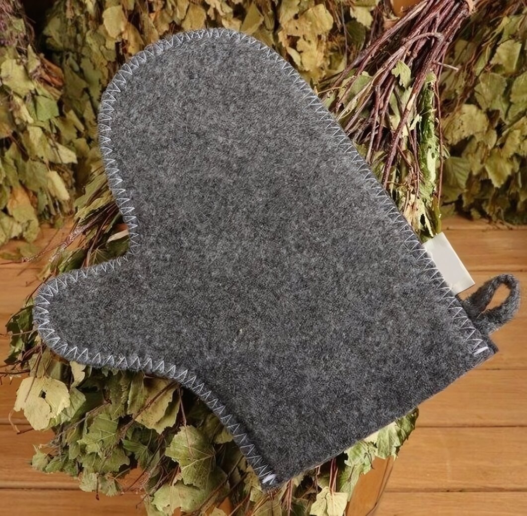 Варежка банная серая  шерсть полиэфир  защита от ожогов  массаж и пилинг