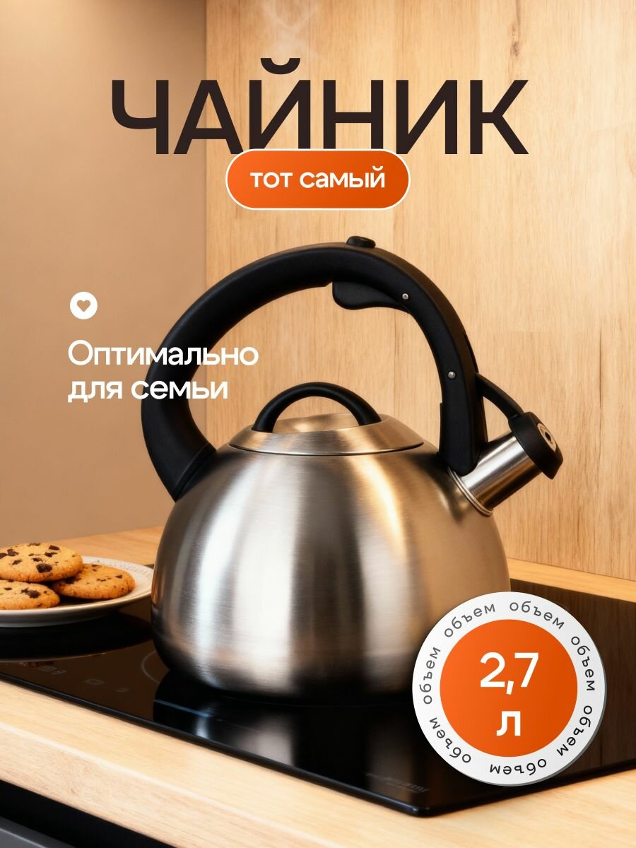 Чайник "Мой дом", со свистком, 2,7 л, нержавеющая сталь, серебристый