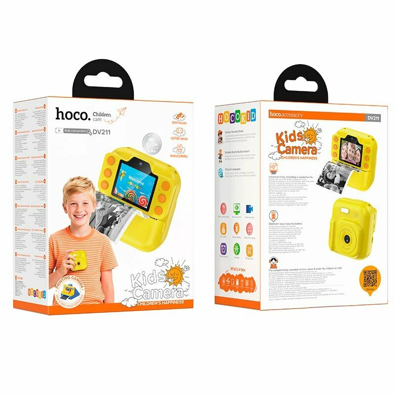 Детская камера Hoco DV211 — двухобъективная, 1080P, экран 2.0”, аккумулятор 1300 мА·ч, комплект с бумагой и стикерами