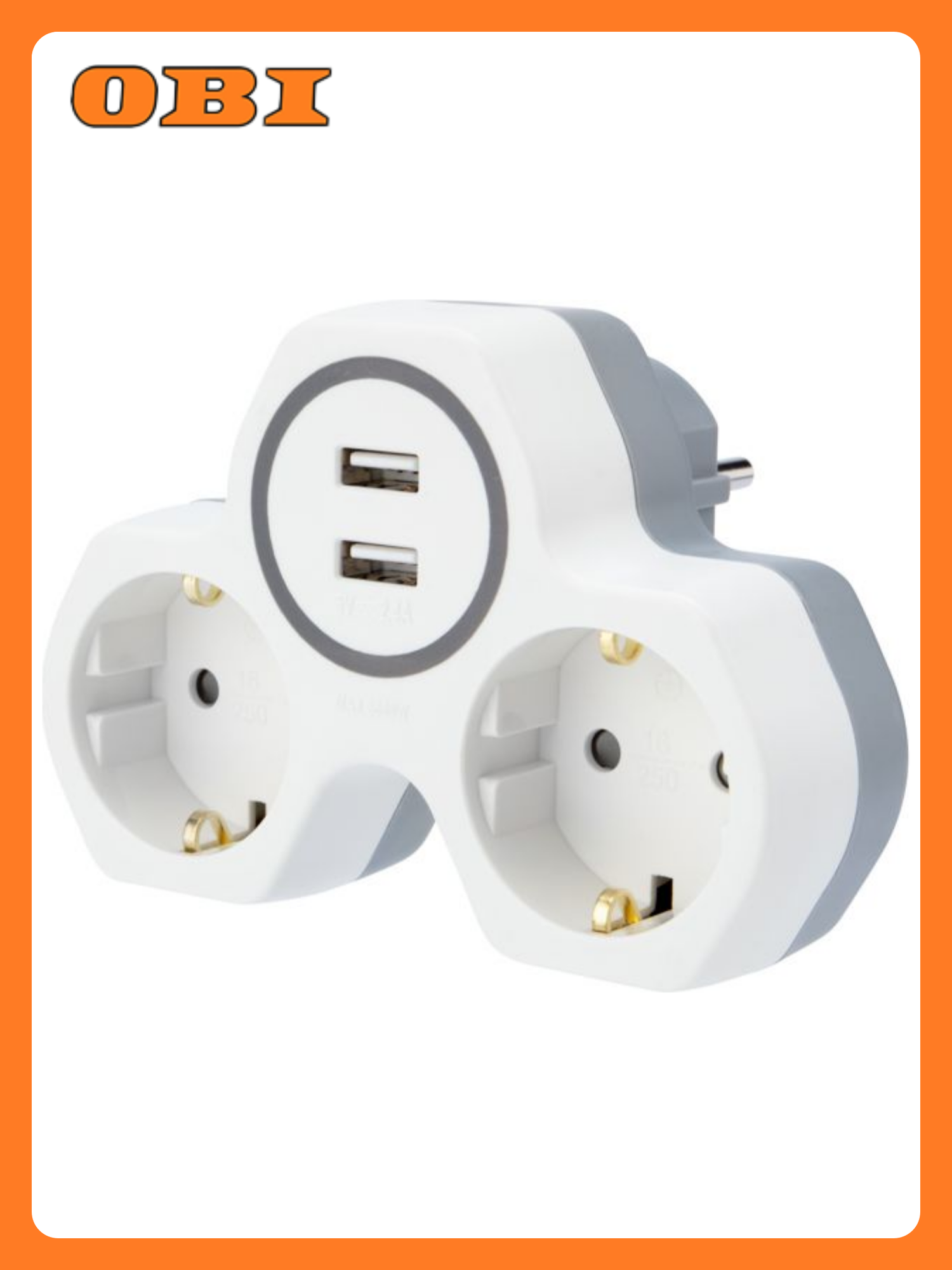 Двойник электрический 16 А с заземлением + 2 USB порта 24 А белый REXANT