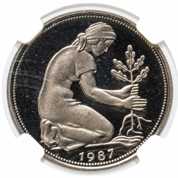 Германия 50 пфеннигов pfennig 1987 J знак монетного двора: "J" - Гамбург в слабе DNC PF69, Мельхиор медь-никель
