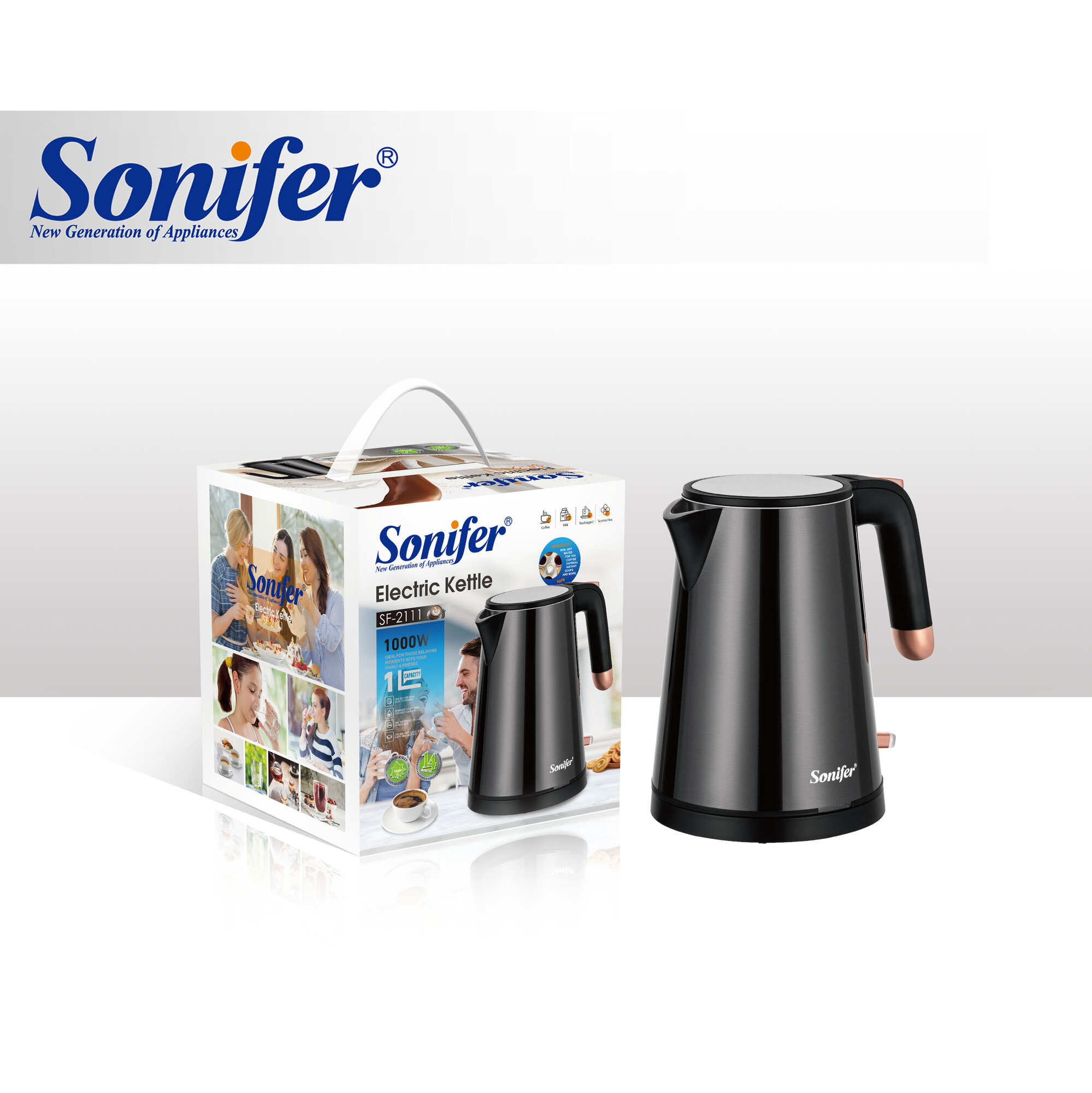 Электрический чайник Sonifer SF-2111 — компактный 1 л нержавеющий электрочайник, 1000 Вт, автоматическое отключение, защита от включения без воды и 360°