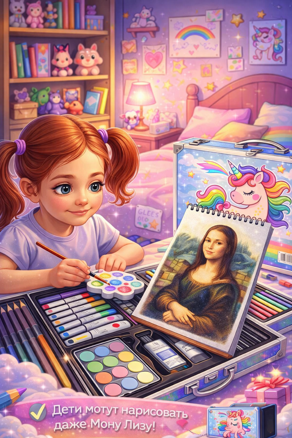 Детский набор для рисования в чемодане с единорогом фломастеры и краски — фото 1