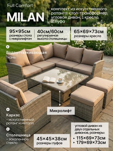 Изображение товара Комплект садовой мебели Full Comfort - MILAN(стол трансформер, угловой диван, кресло, 2 пуфа) 8 персон, ротанг бежевый