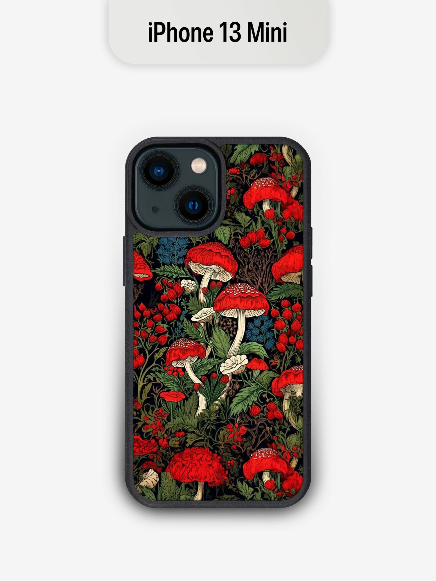 Деревянный чехол c цветным принтом для iPhone 13 Mini / Грибы