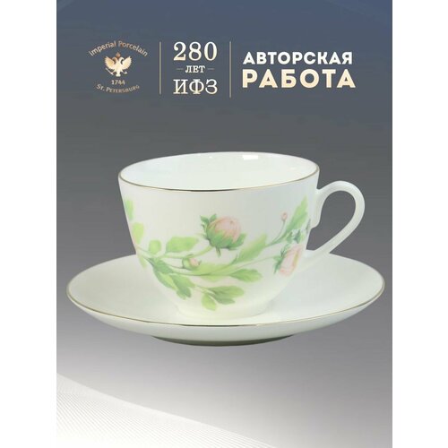фото Чайная пара 250 мл форма "весенняя-2" рисунок "нежный пион, зеленый" фарфор чашка для чая императорский фарфоровый завод