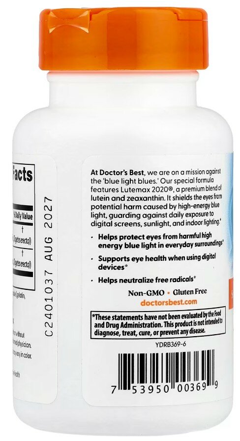 Бад Для Зрения И Слуха Doctor's Best, Lutein with Lutemax 2020, здоровье глаз и поддержка зрения, 60 капсул