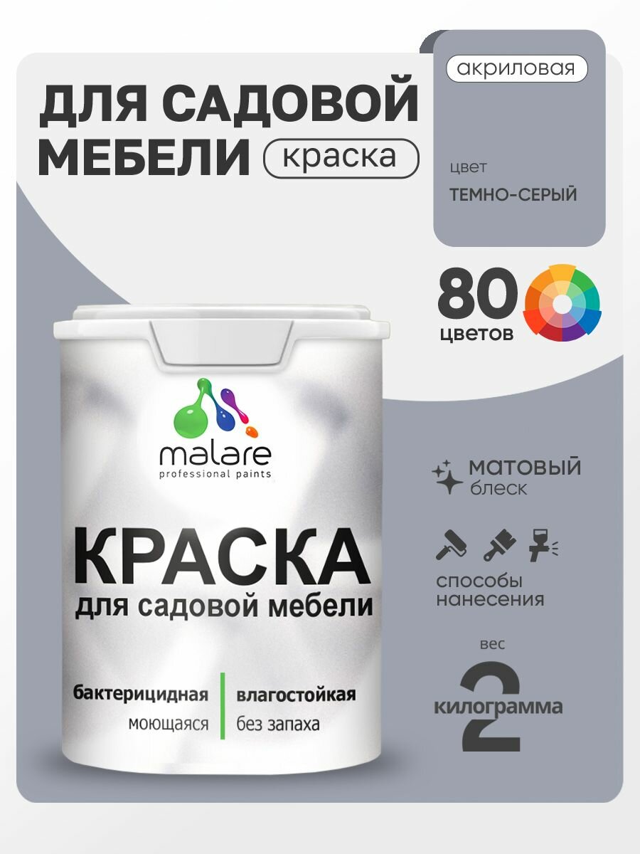 Акриловая краска Malare для садовой мебели/ по дереву, для наружных и внутренних работ/ быстросохнущая моющаяся без запаха матовая, темно-серый, 2 кг