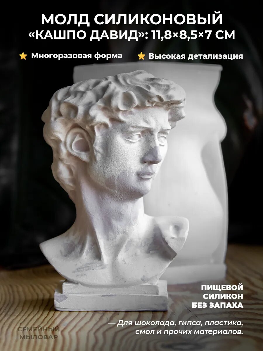 Силиконовый молд для гипса / кашпо голова Давида