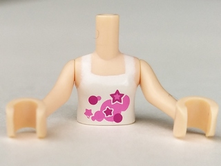 Torso Mini Doll Girl White Halter Top with Dark Pink and Magenta Circles and Stars with White Outline Pattern, Light Nougat Arms with Hands, FTGpb076c01 Light nougat U