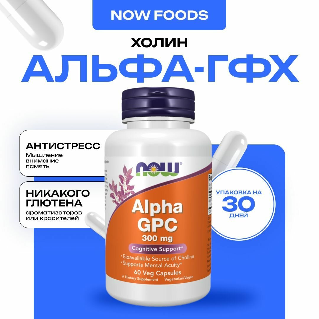 NOW Alpha GPC, Альфа ГФХ 300 мг, для поддержки когнитивных функций, 60 капсул