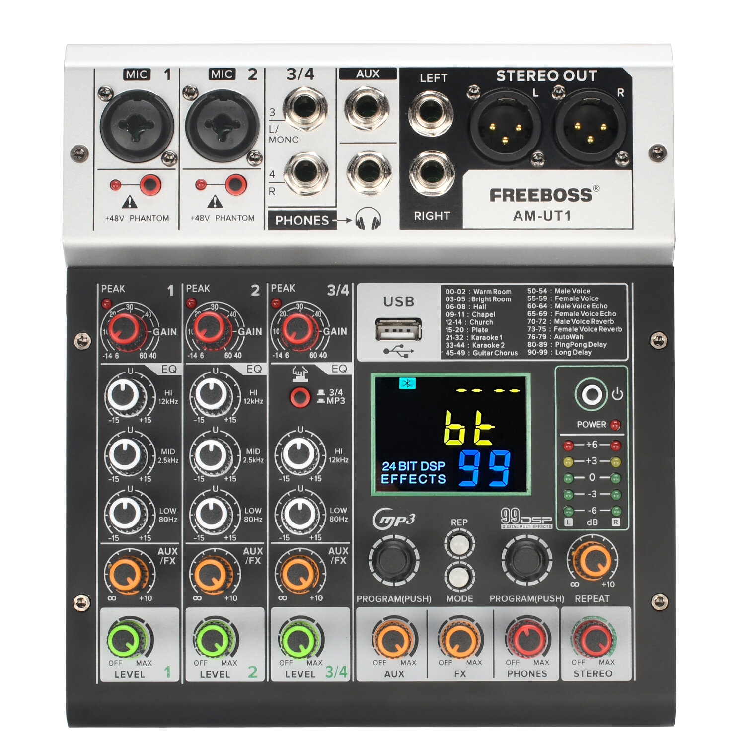 4-канальный микшерный пульт Audio 99 DSP Effect 48V Bluetooth USB записывающий микшерный пульт AM-UT1