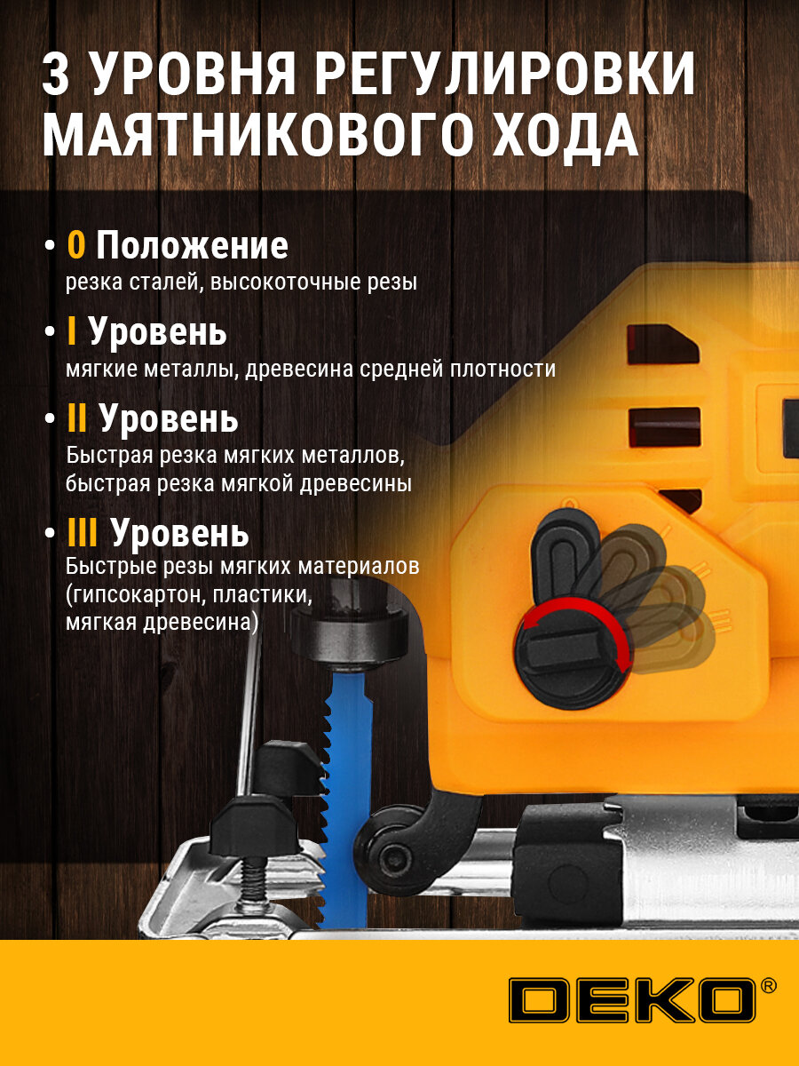 Электролобзик DEKO DKJS900, для дерева, стали, пластика и резины, 850Вт, без аккумулятора — фото 1